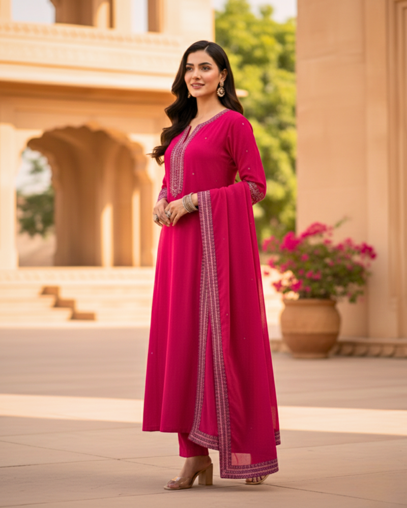 embroidered rayon cotton rani pink kurta set with dupatta