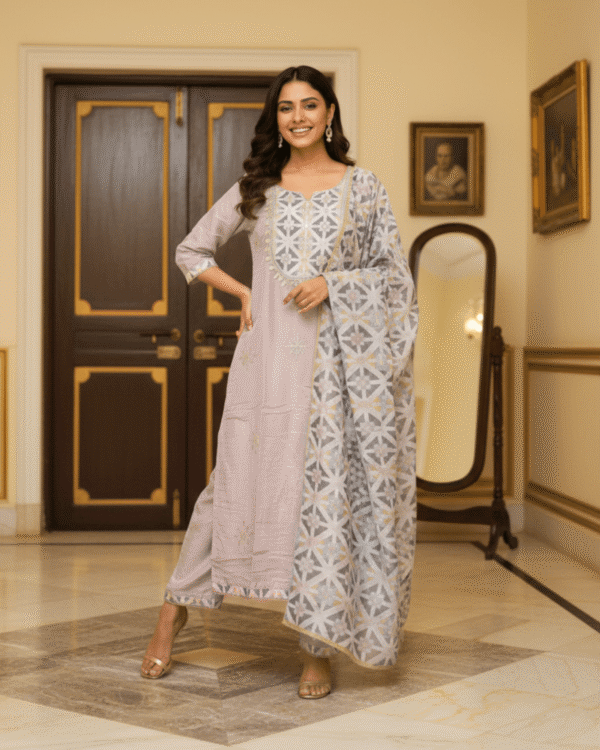 black cotton mix floral embroidered kurta set with dupatta