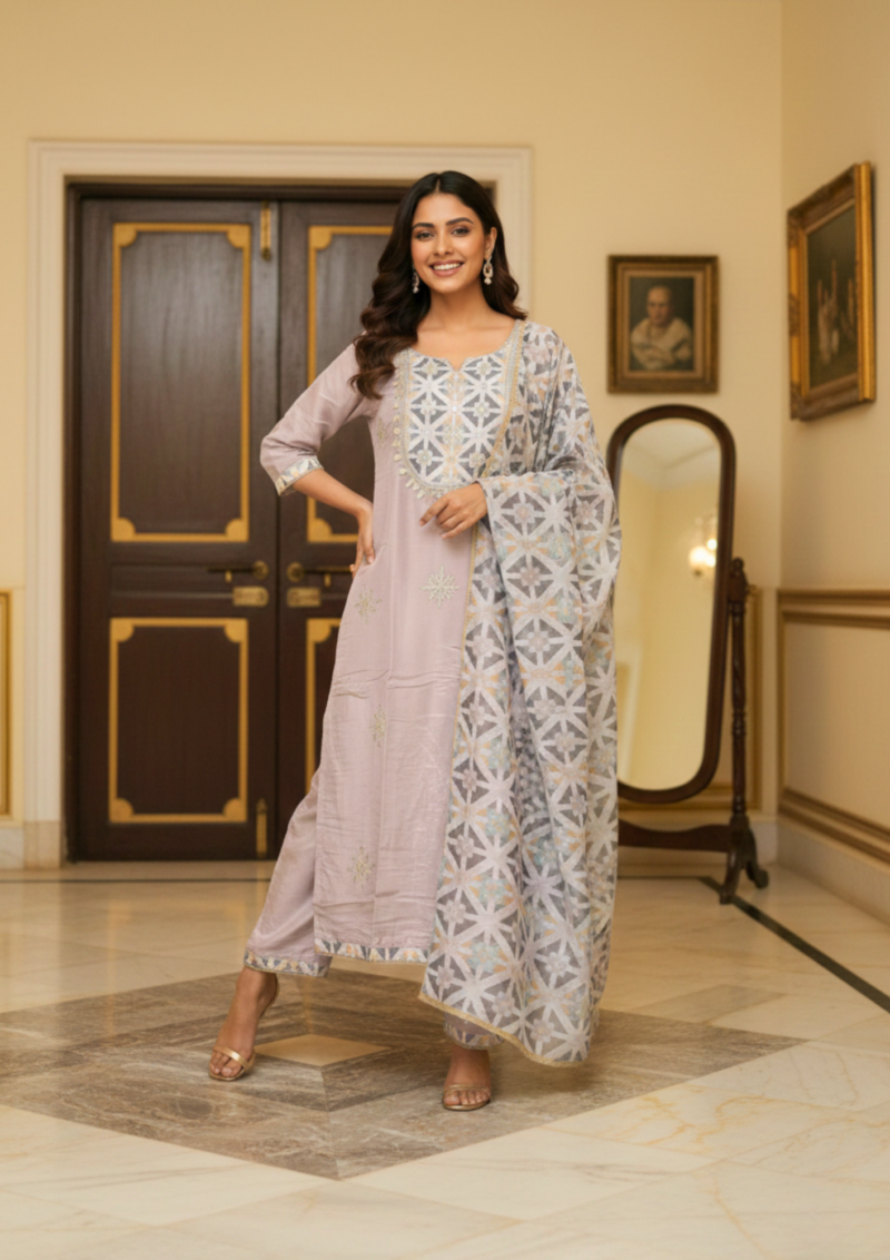 black cotton mix floral embroidered kurta set with dupatta