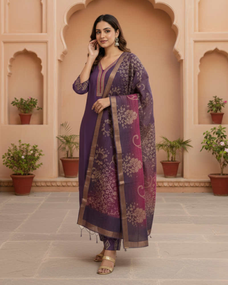 purple cotton mix kurta set with dupatta
