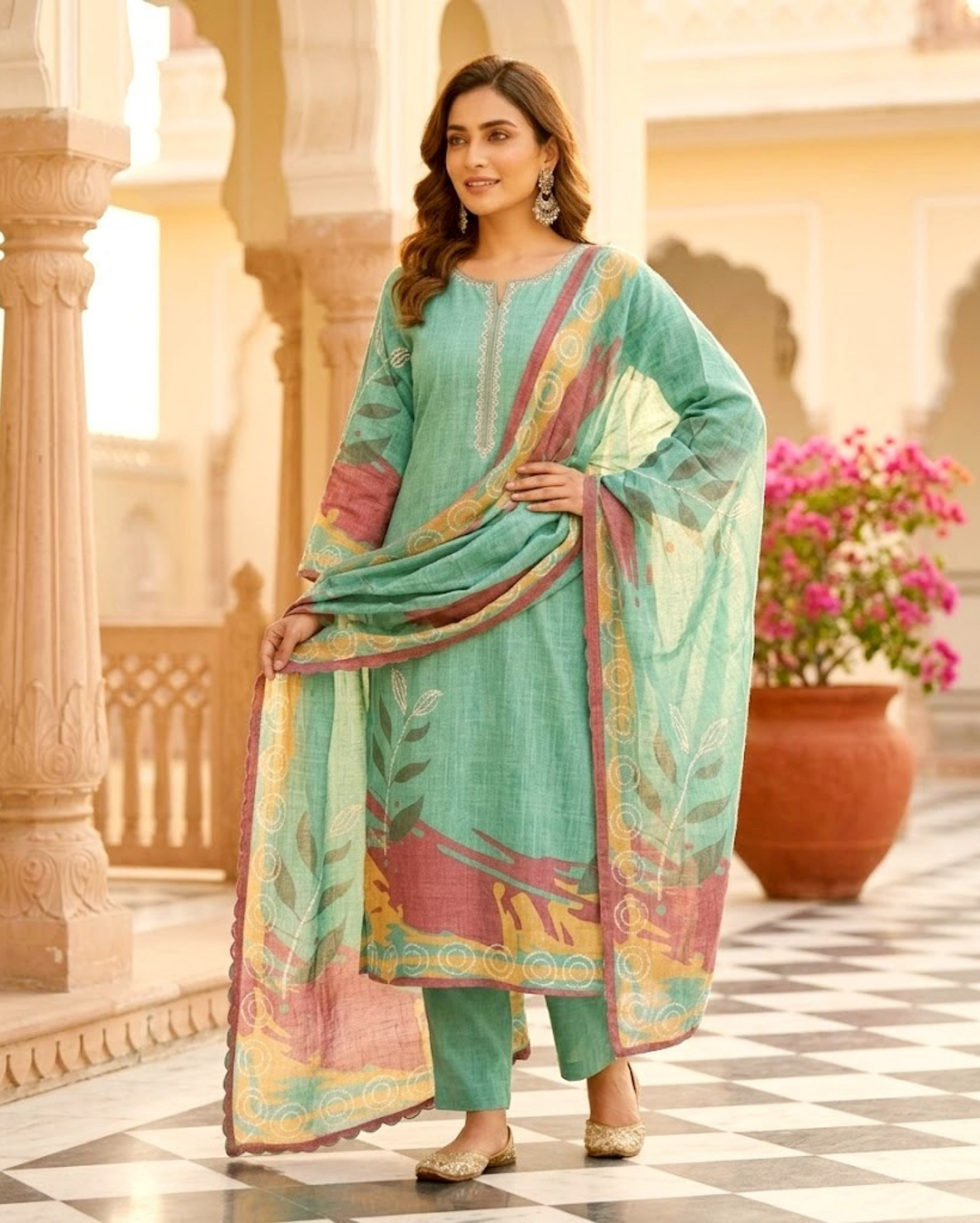 embroidered aqua green printed cotton mix kurta pant with dupatta