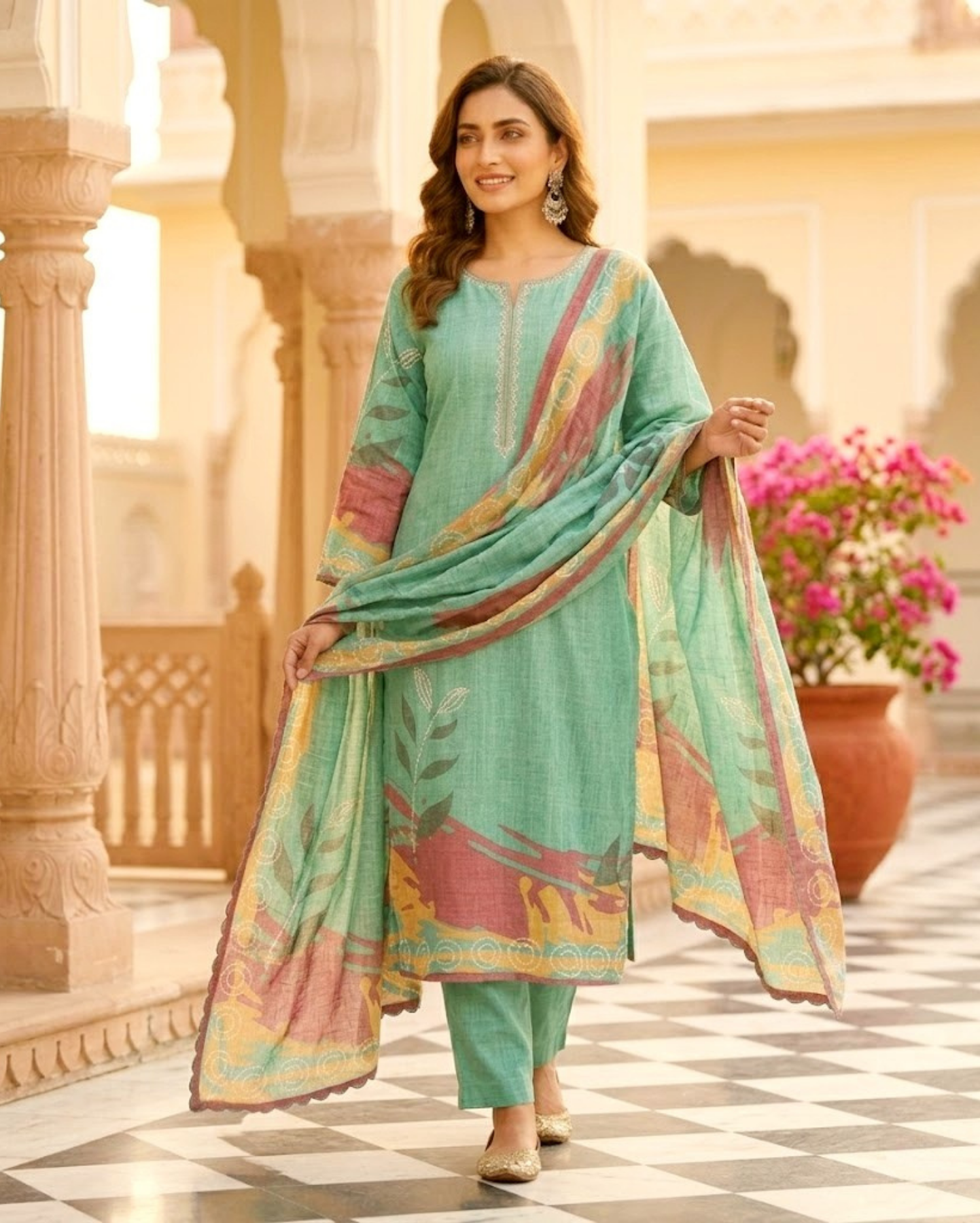 embroidered aqua green printed cotton mix kurta pant with dupatta