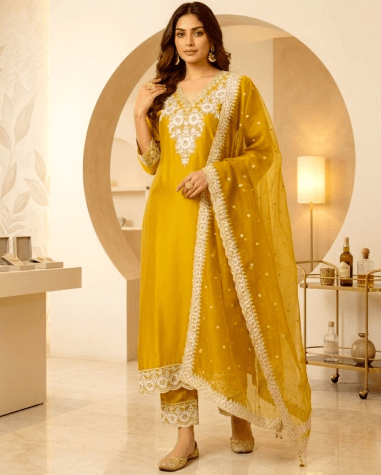 cotton mix embroidered mustard kurta set with dupatta