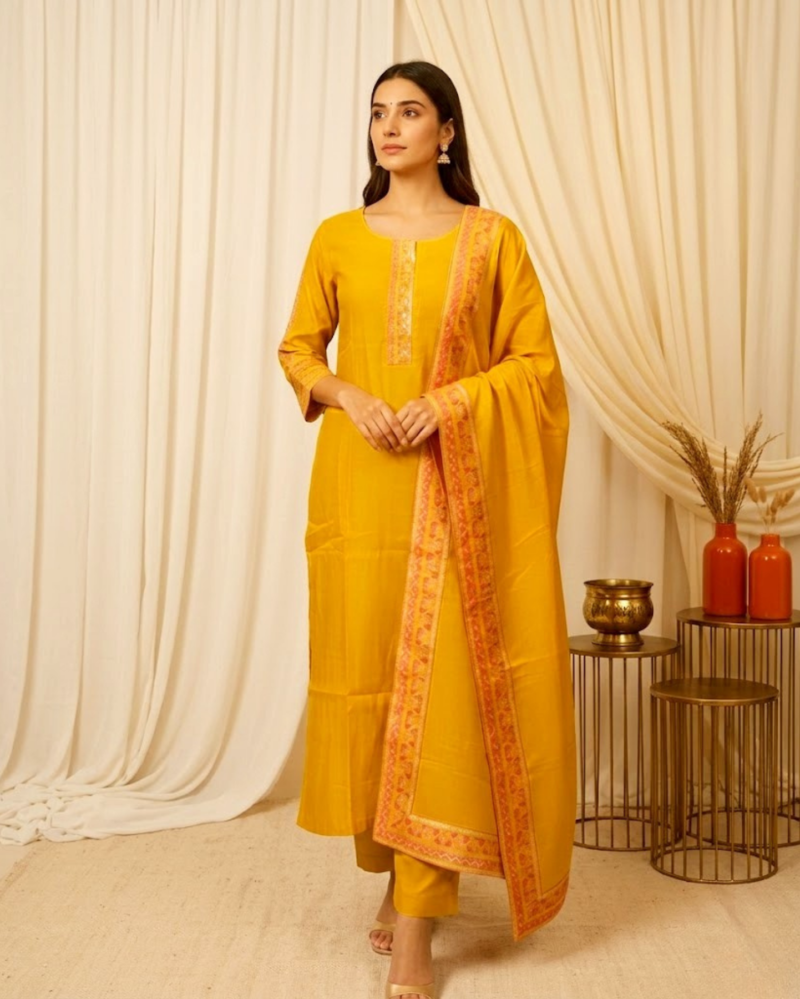 mustard cotton mix embroidered kurta set with dupatta