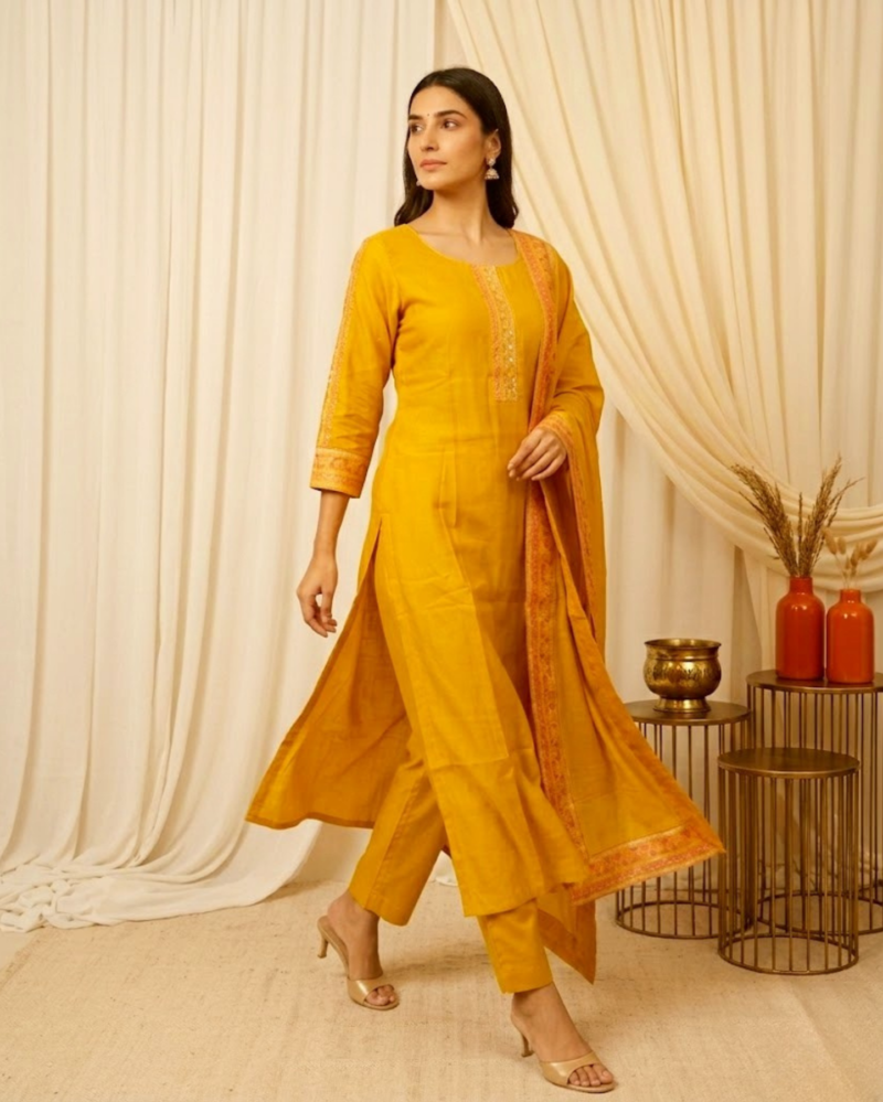 mustard cotton mix embroidered kurta set with dupatta