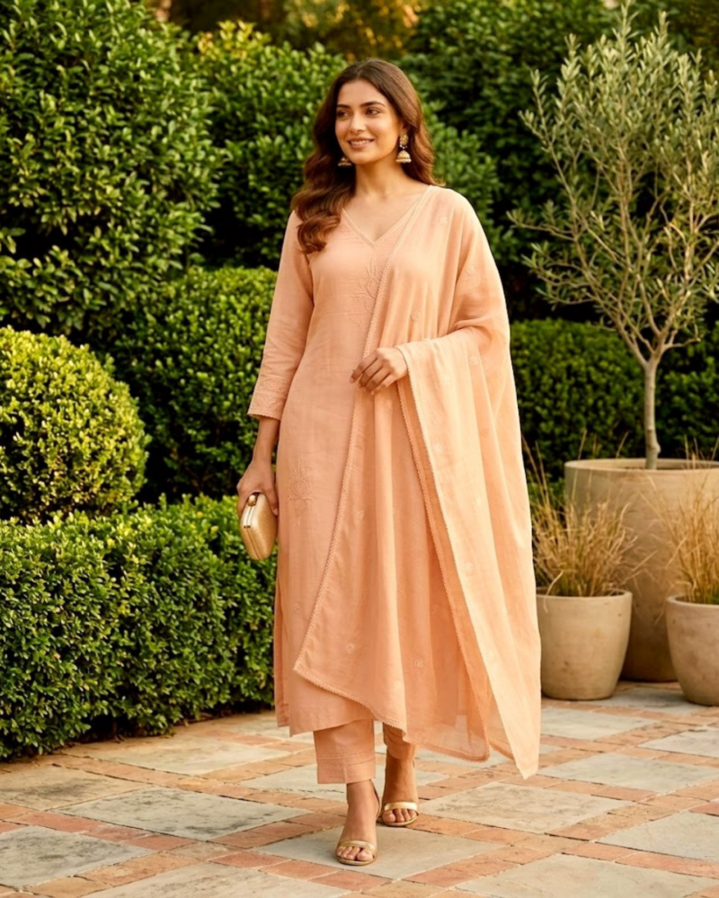 peach cotton embroidered cotton mix kurta set with dupatta