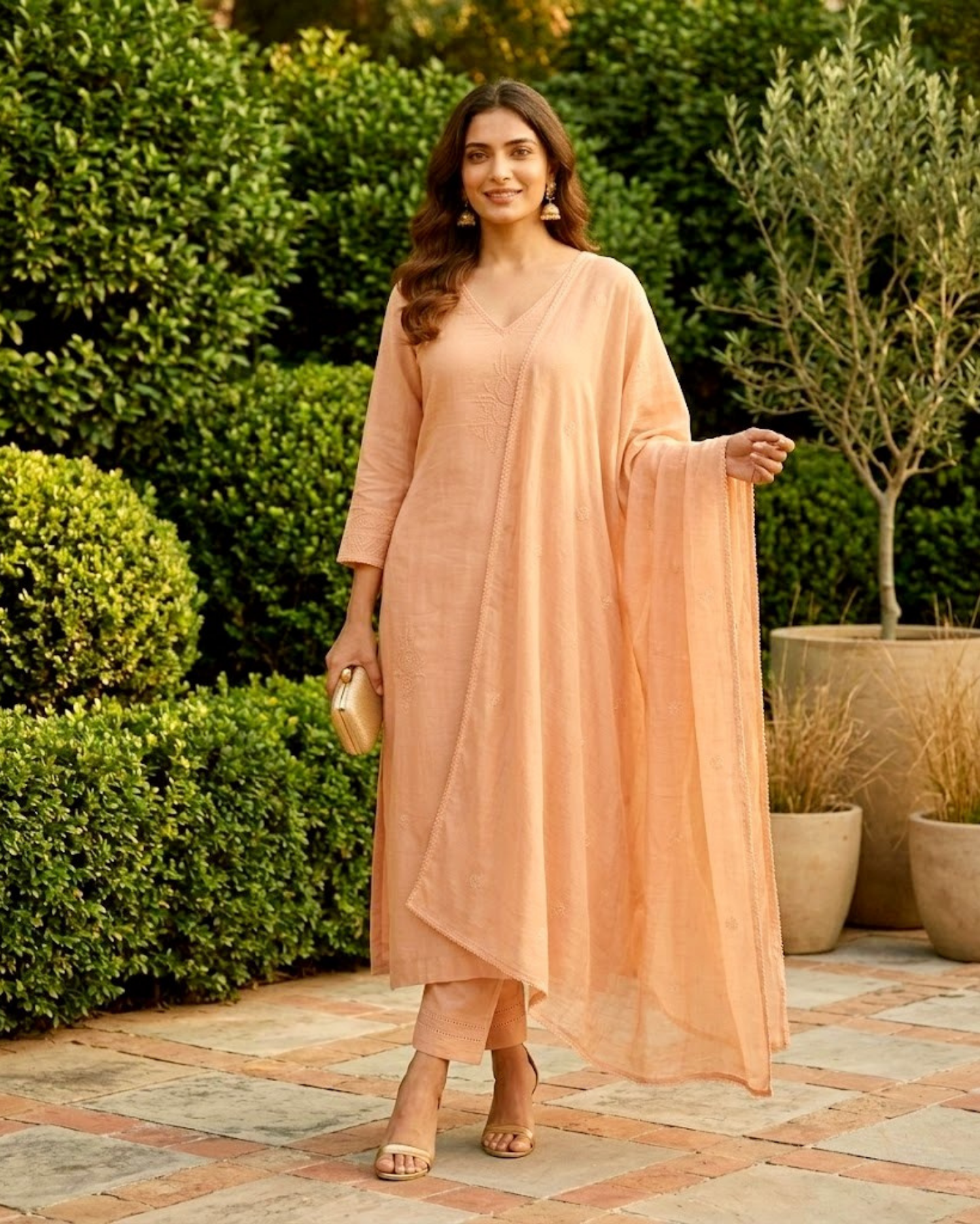 peach cotton embroidered cotton mix kurta set with dupatta