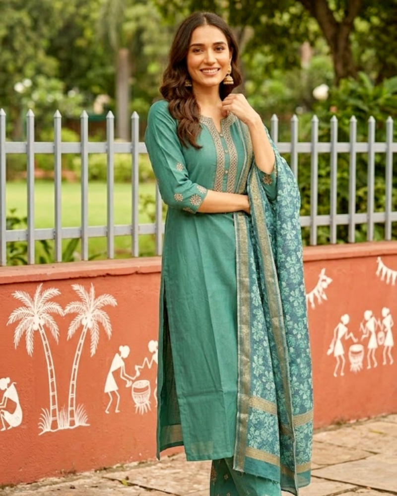 teal embroidered neckline cotton mix kurta set with dupatta