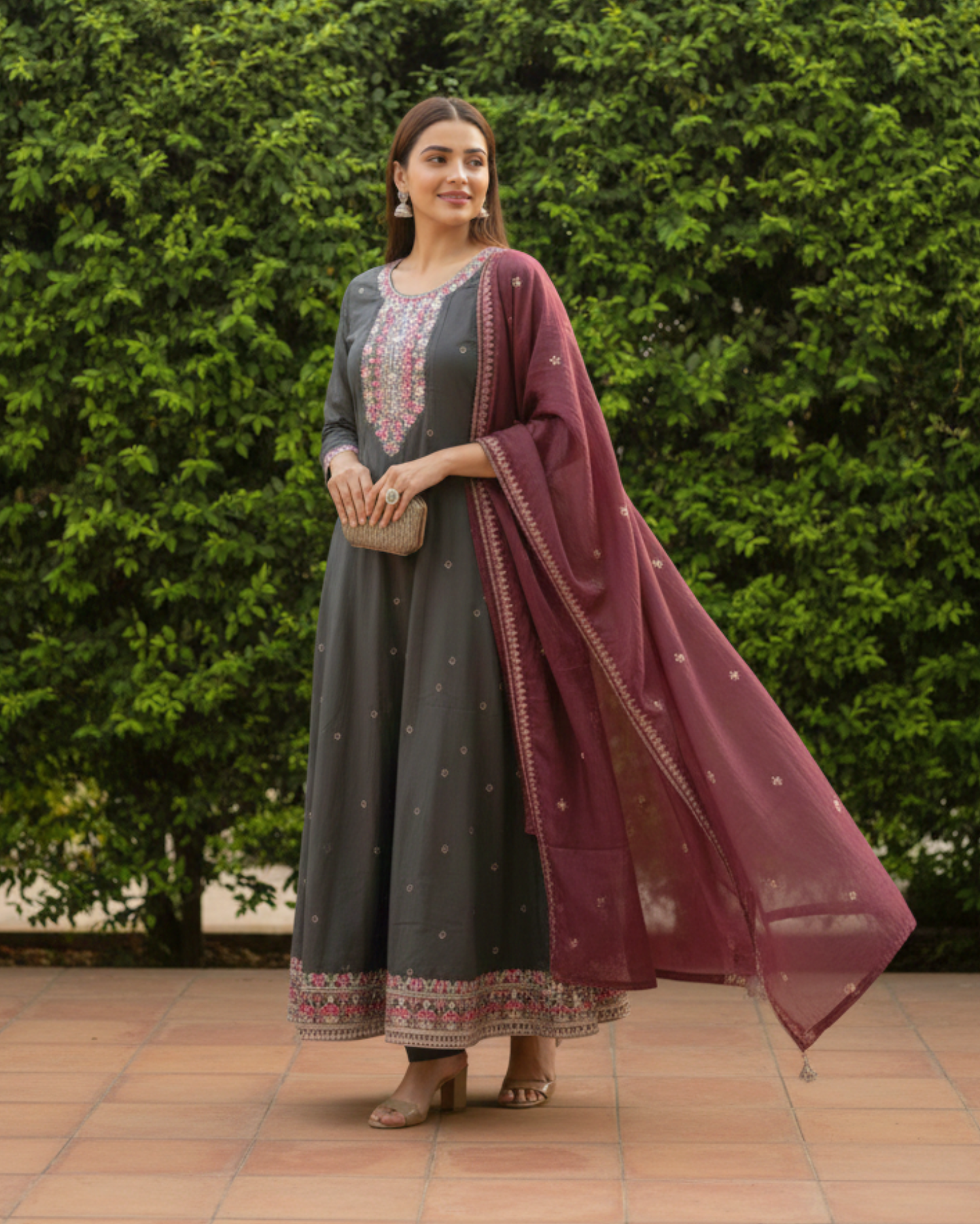 georgette embroidered grey kurta set with maroon dupatta