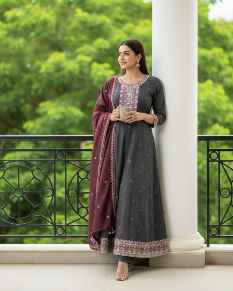 georgette embroidered grey kurta set with maroon dupatta