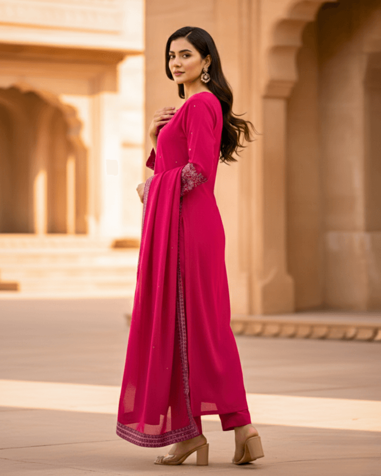 embroidered rayon cotton rani pink kurta set with dupatta