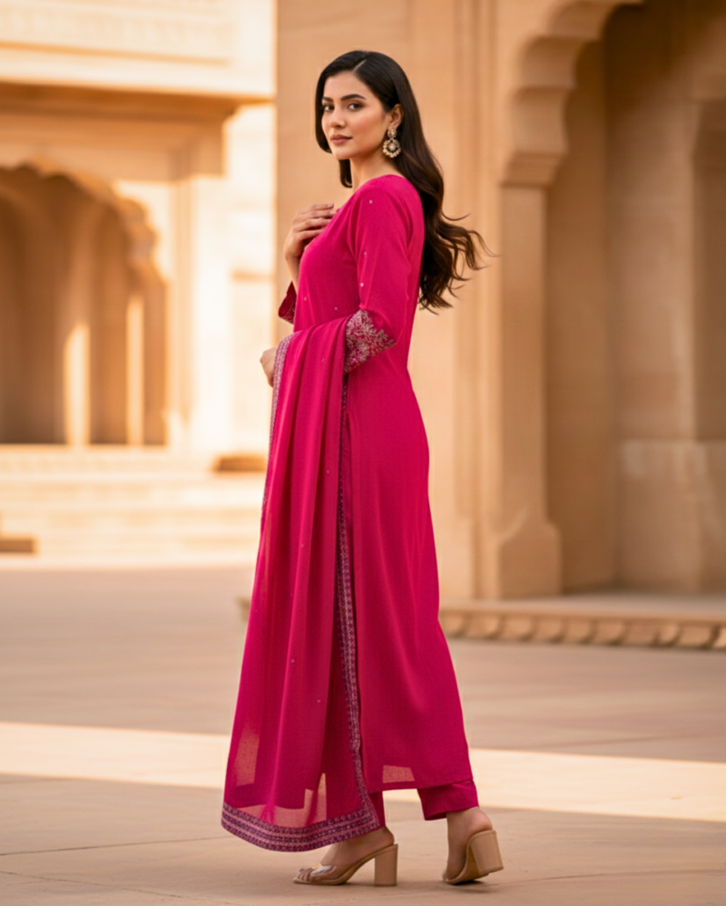 embroidered rayon cotton rani pink kurta set with dupatta
