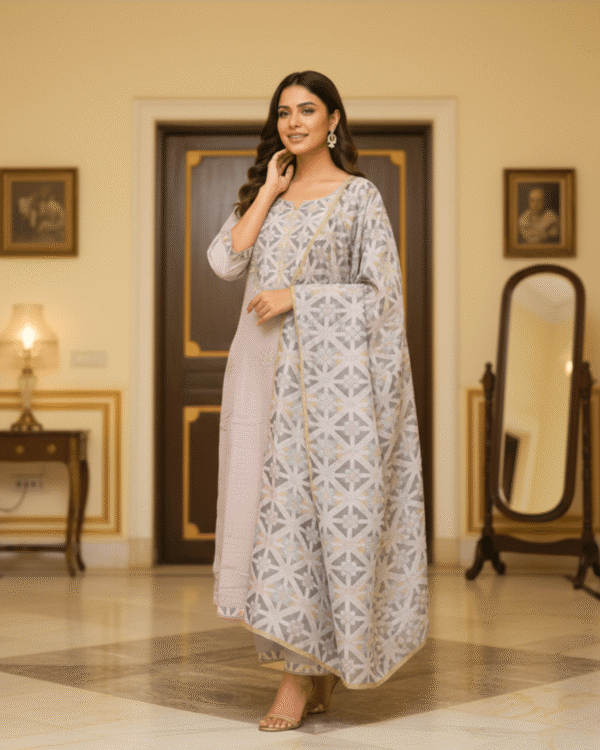 black cotton mix floral embroidered kurta set with dupatta