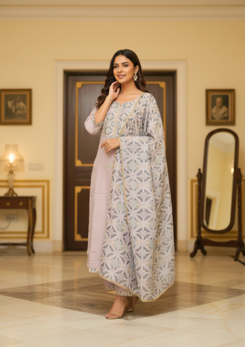 black cotton mix floral embroidered kurta set with dupatta