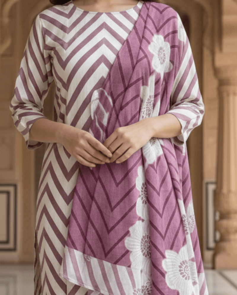 purple striped floral printed rayon kurta set with dupatta