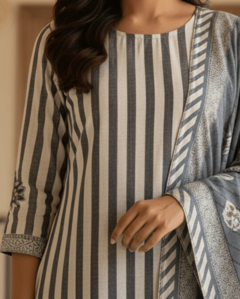 grey striped floral printed rayon kurta set with dupatta