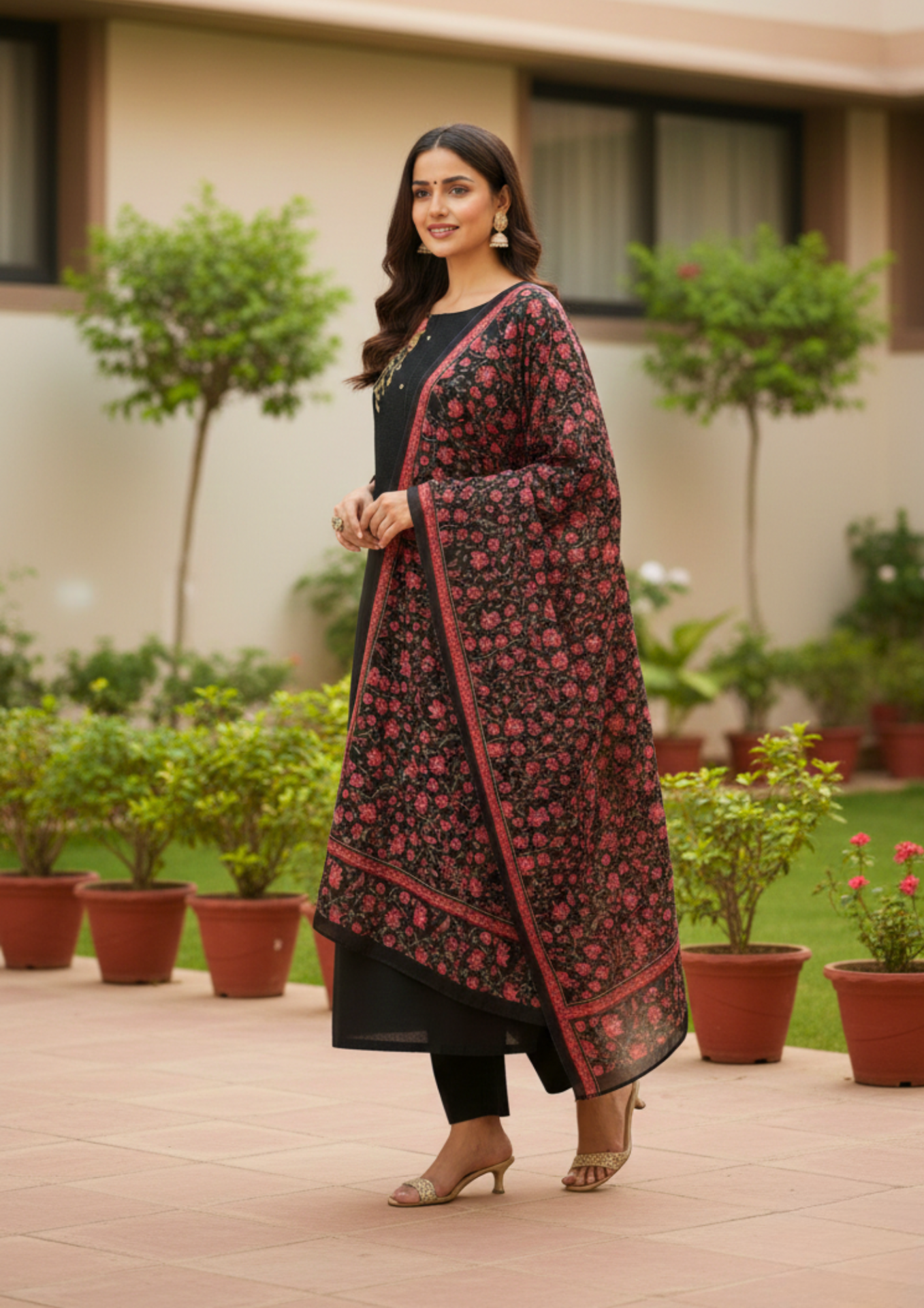 black cotton mix floral embroidered kurta set with dupatta