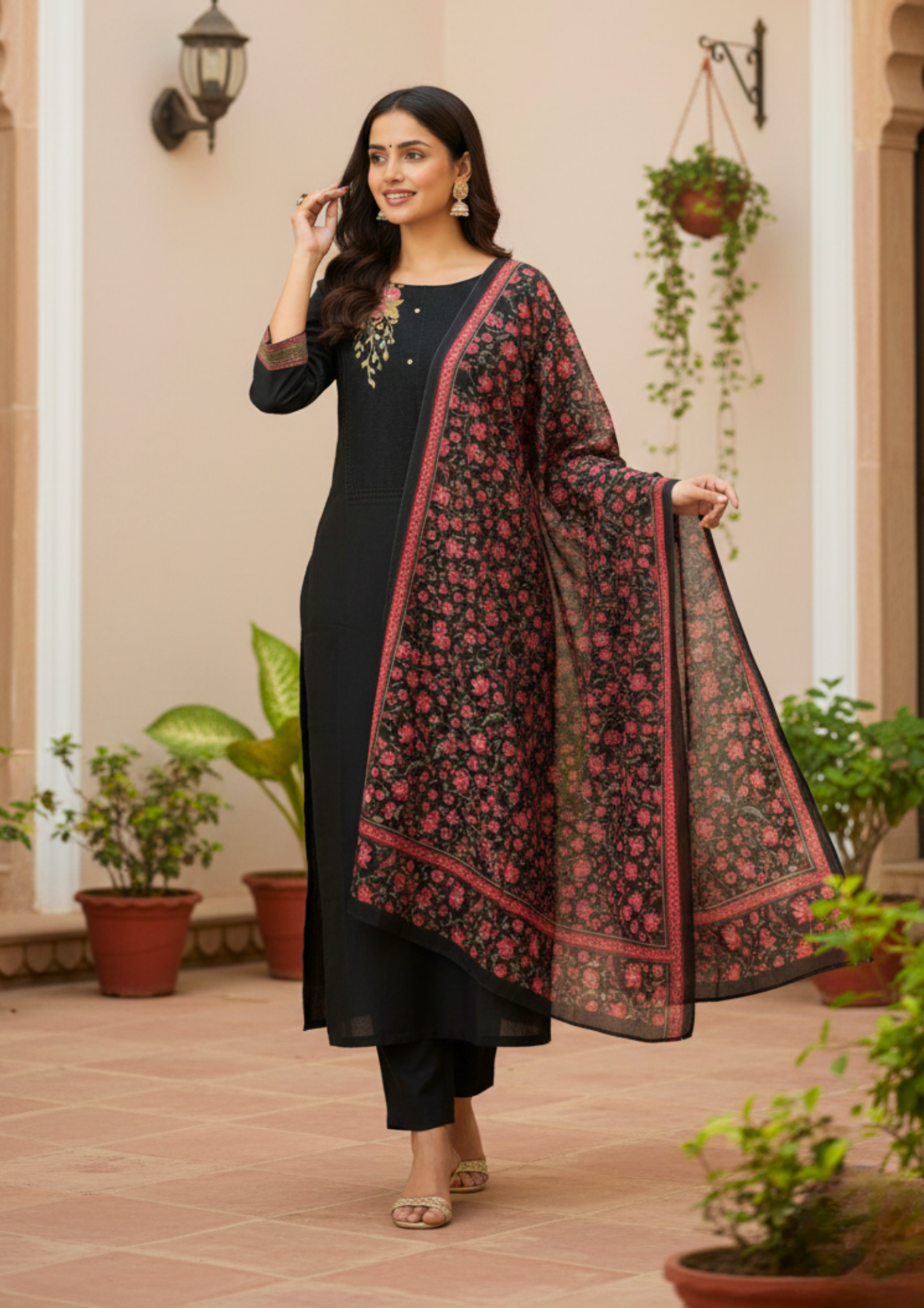 black cotton mix floral embroidered kurta set with dupatta