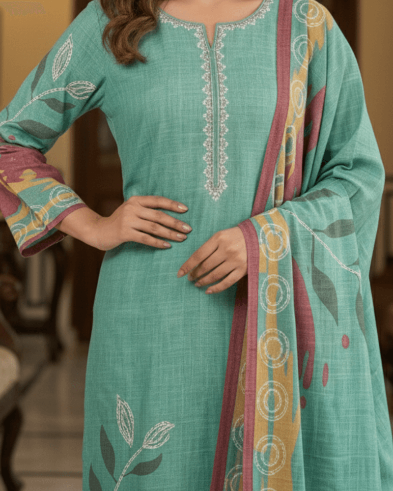 embroidered aqua green printed cotton mix kurta pant with dupatta