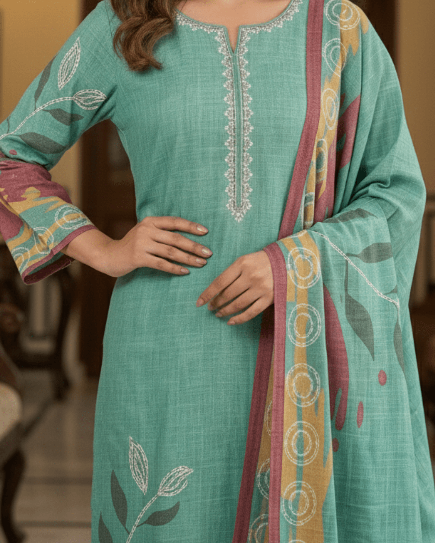 embroidered aqua green printed cotton mix kurta pant with dupatta