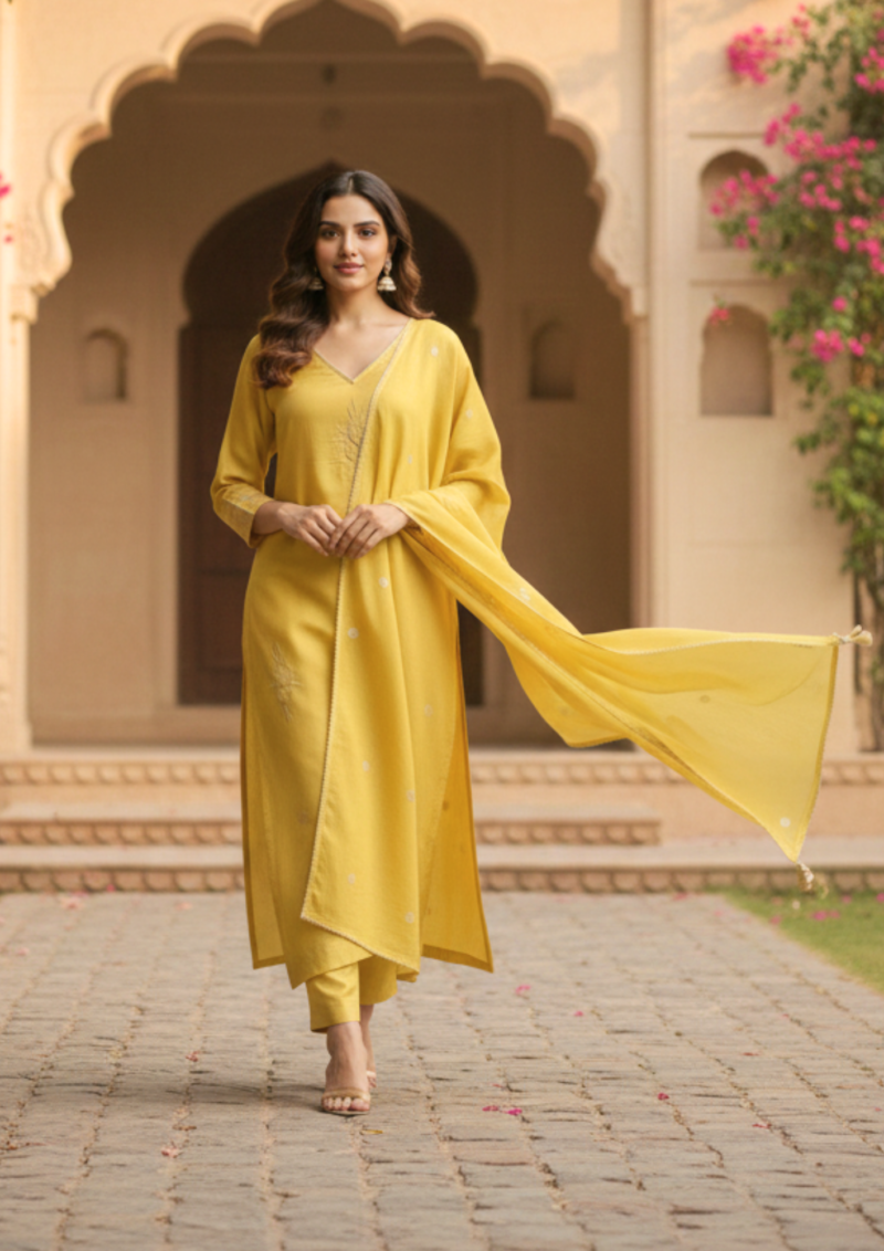 black cotton mix floral embroidered kurta set with dupatta