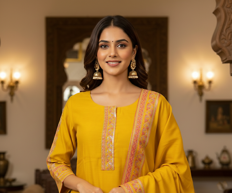 Mustard Cotton Mix Embroidered kurta set with dupatta