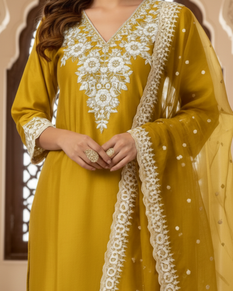 cotton mix embroidered mustard kurta set with dupatta
