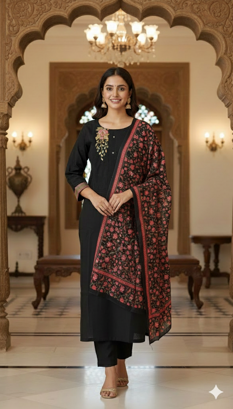 Black Cotton Mix Floral Embroidered Kurta Set With Dupatta