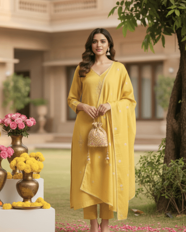 black cotton mix floral embroidered kurta set with dupatta