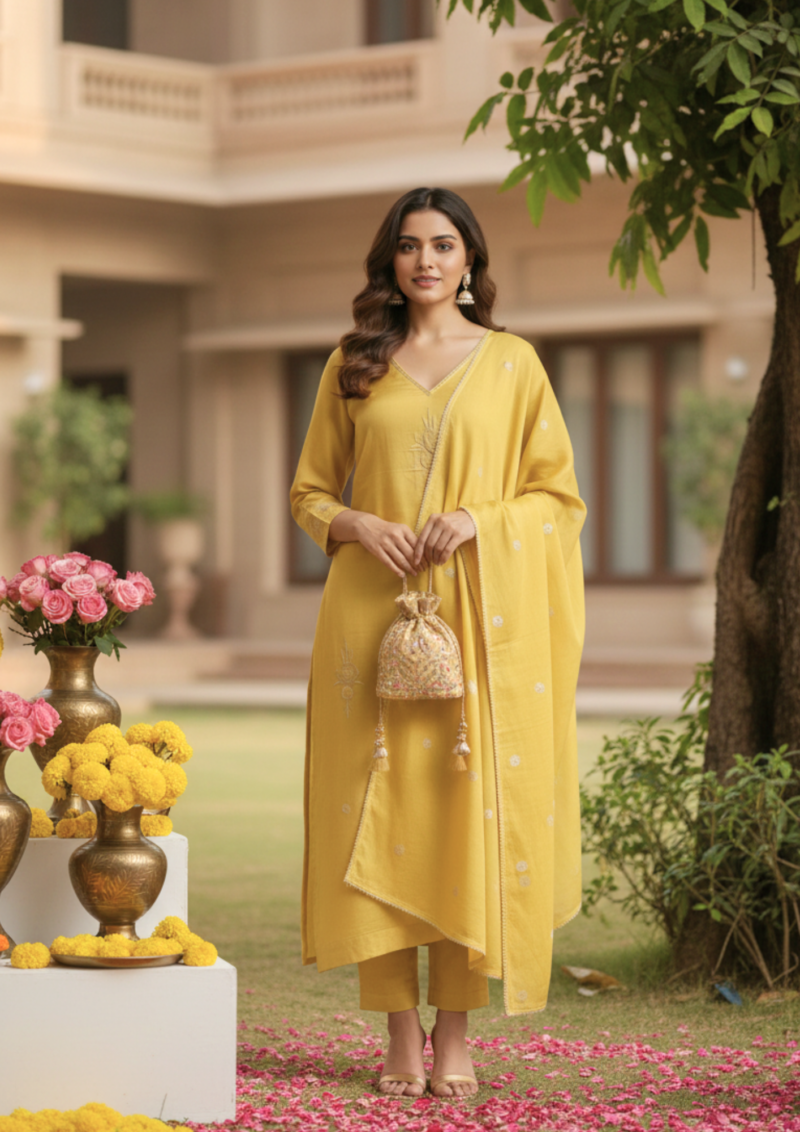 black cotton mix floral embroidered kurta set with dupatta