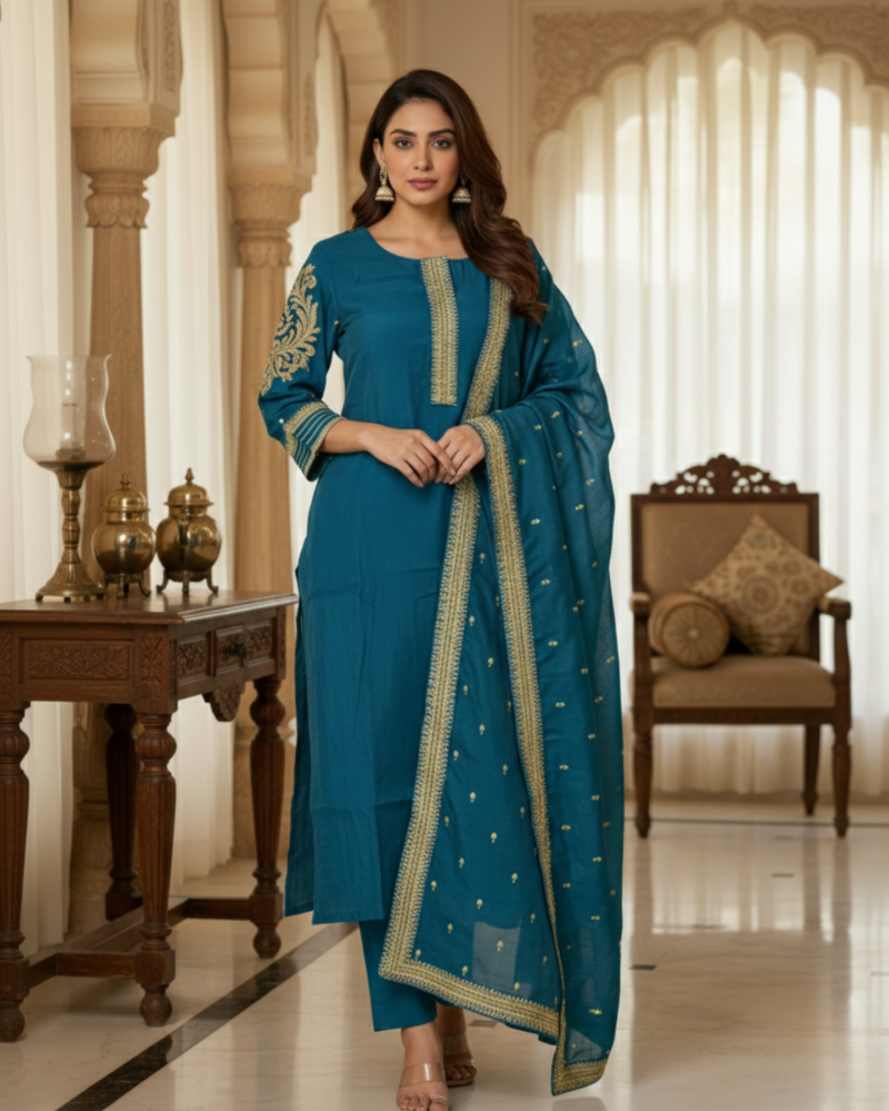 embroidered teal rayon kurta set with dupatta