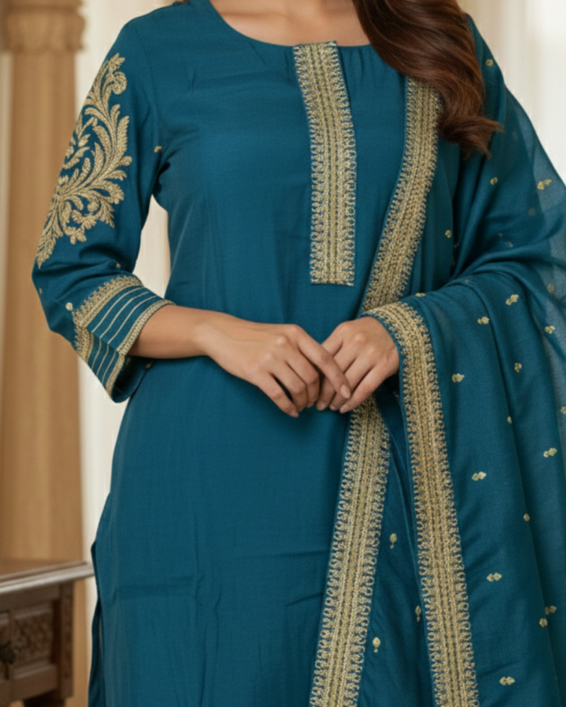 embroidered teal rayon kurta set with dupatta