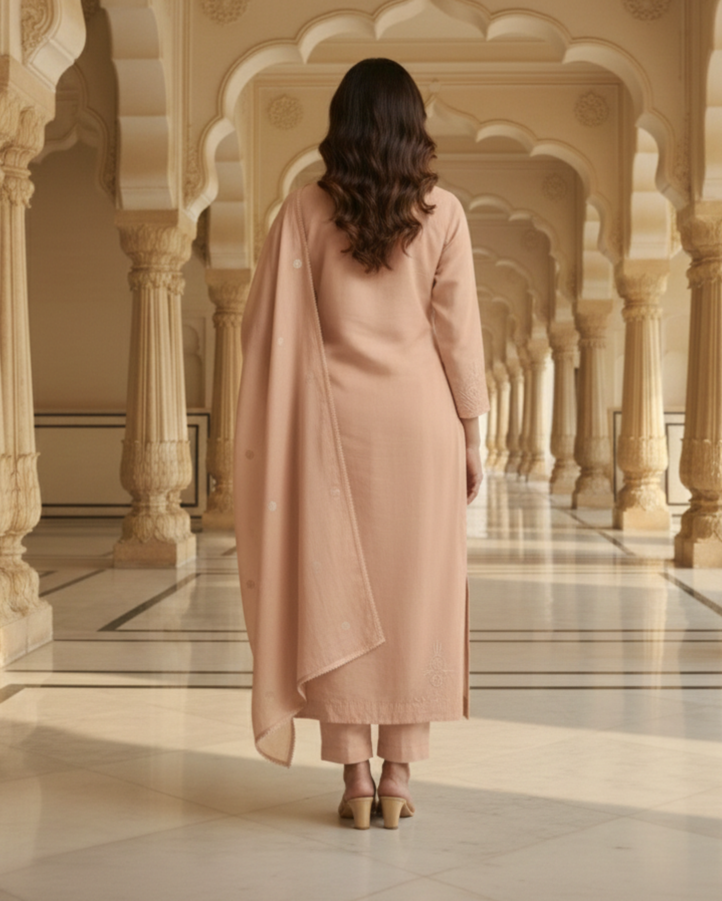 peach cotton embroidered cotton mix kurta set with dupatta