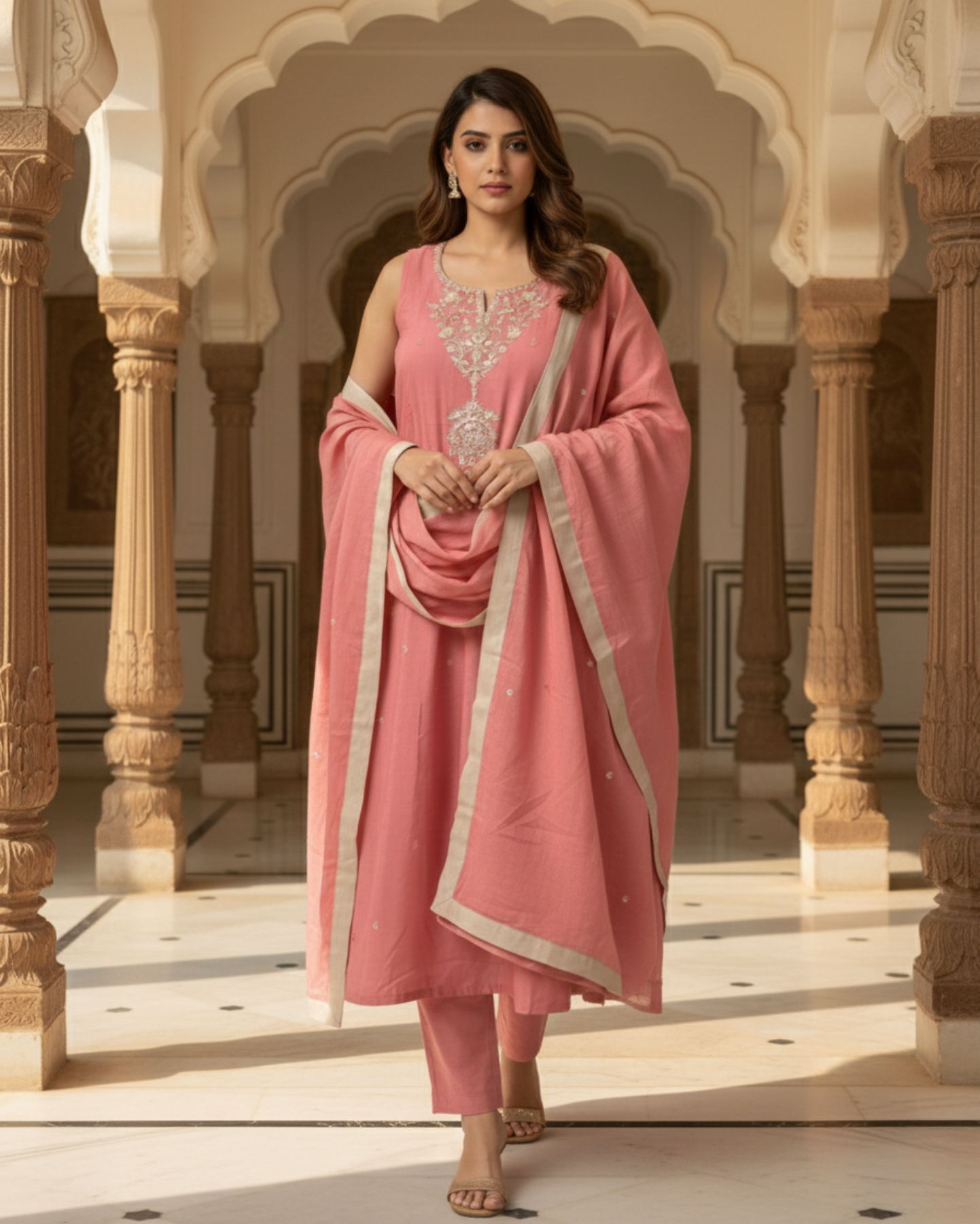 dusty pink cotton mix embroidered kurta set with dupatta