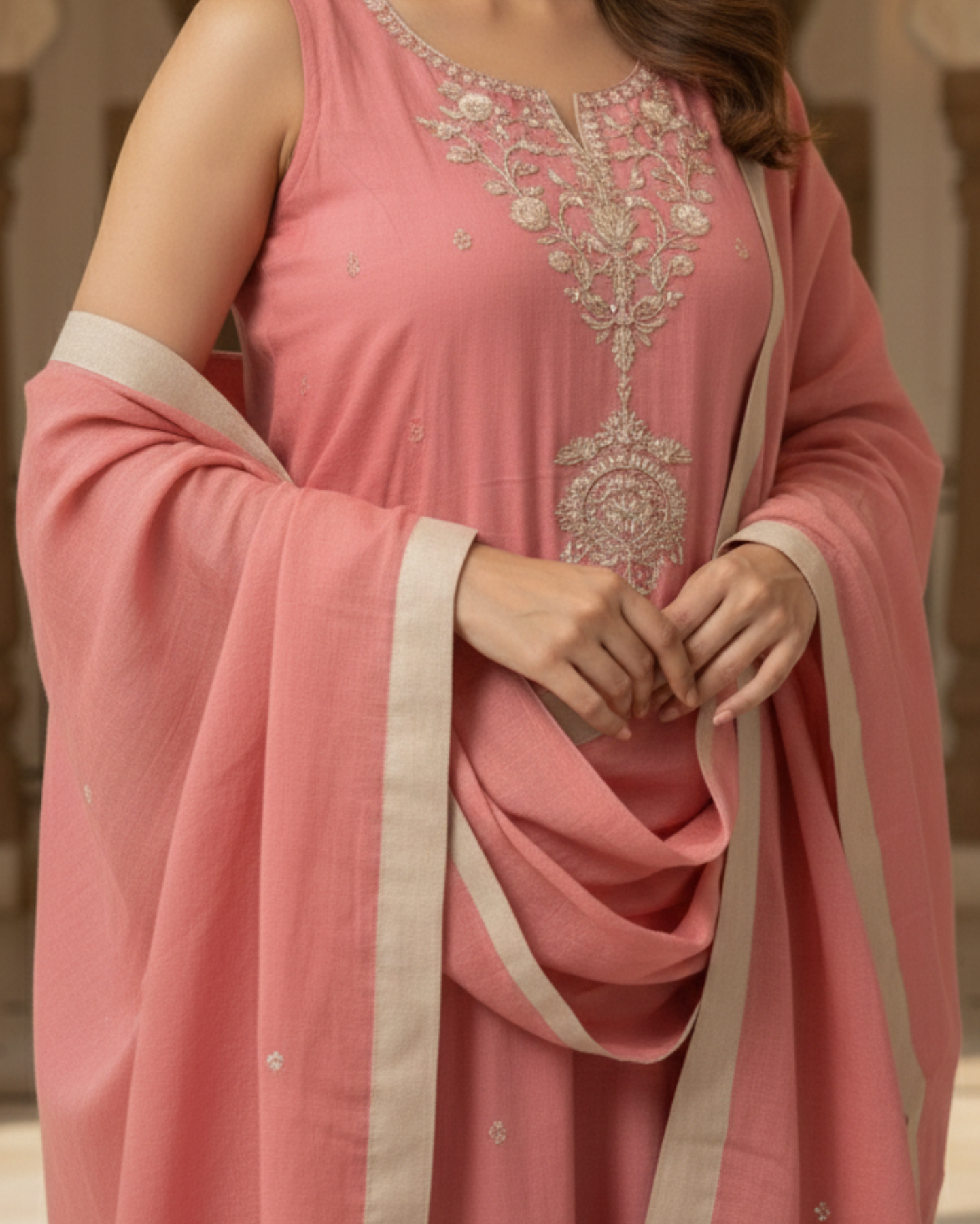 dusty pink cotton mix embroidered kurta set with dupatta