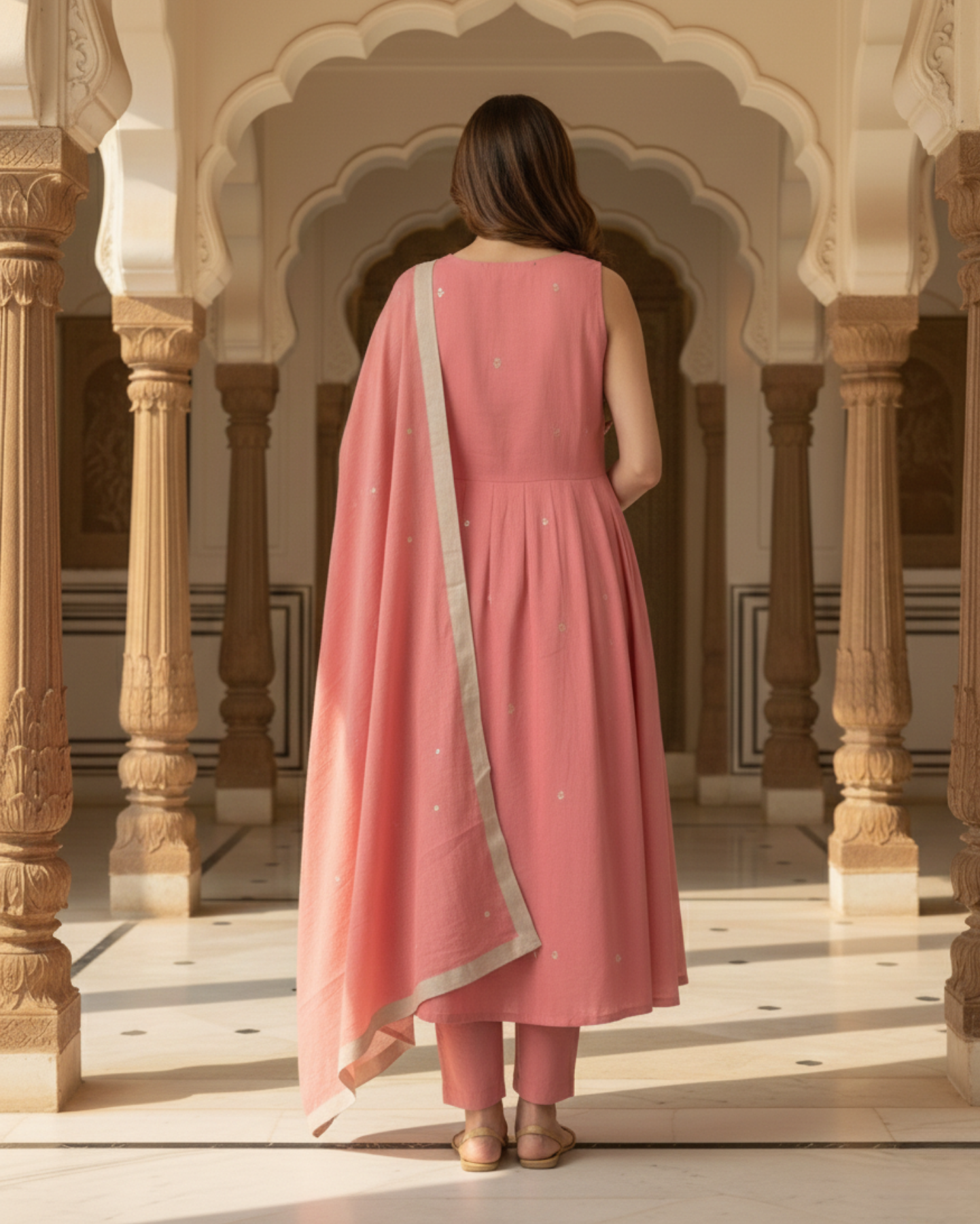 dusty pink cotton mix embroidered kurta set with dupatta