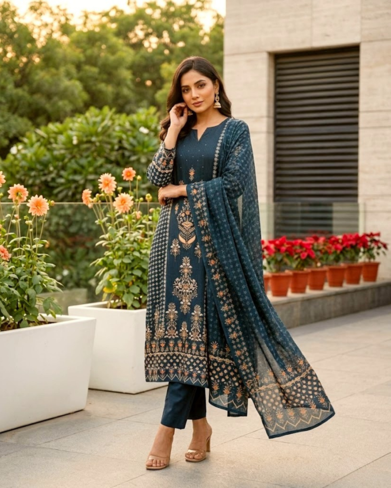 navy poly silk with subtle detailing kurta set with dupatta