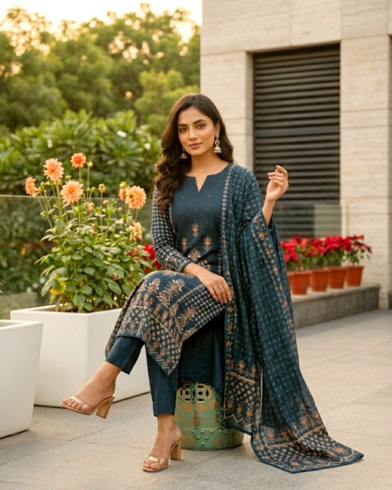 navy poly silk with subtle detailing kurta set with dupatta