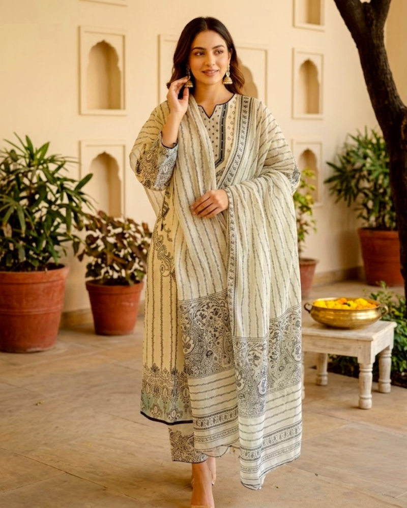 beige black poly silk kurta pant set with dupatta