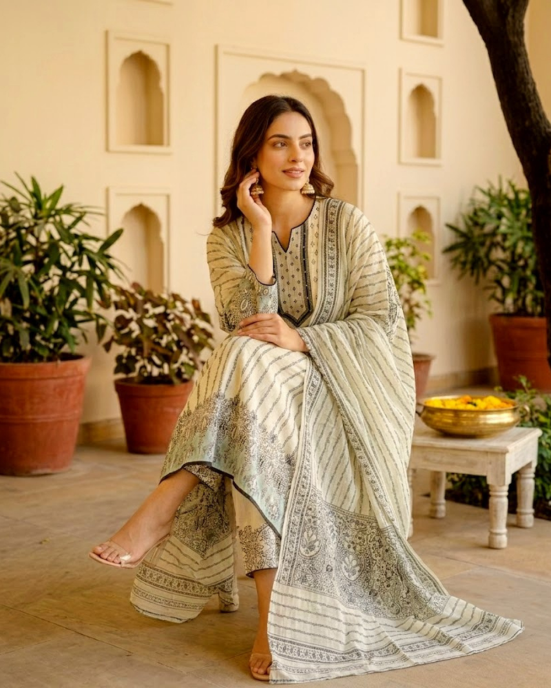 beige black poly silk kurta pant set with dupatta