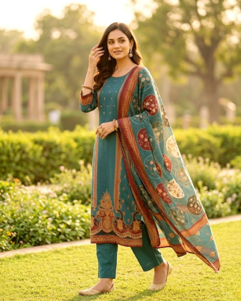 premium chinon crepe teal with mirror work kurta set with dupatta