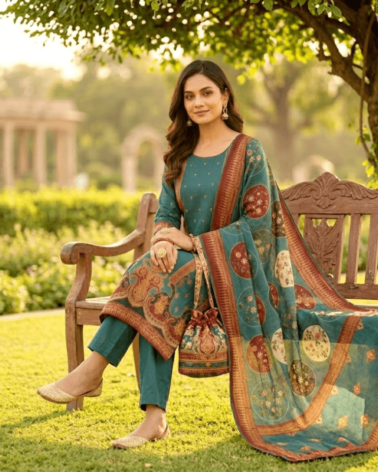 premium chinon crepe teal with mirror work kurta set with dupatta