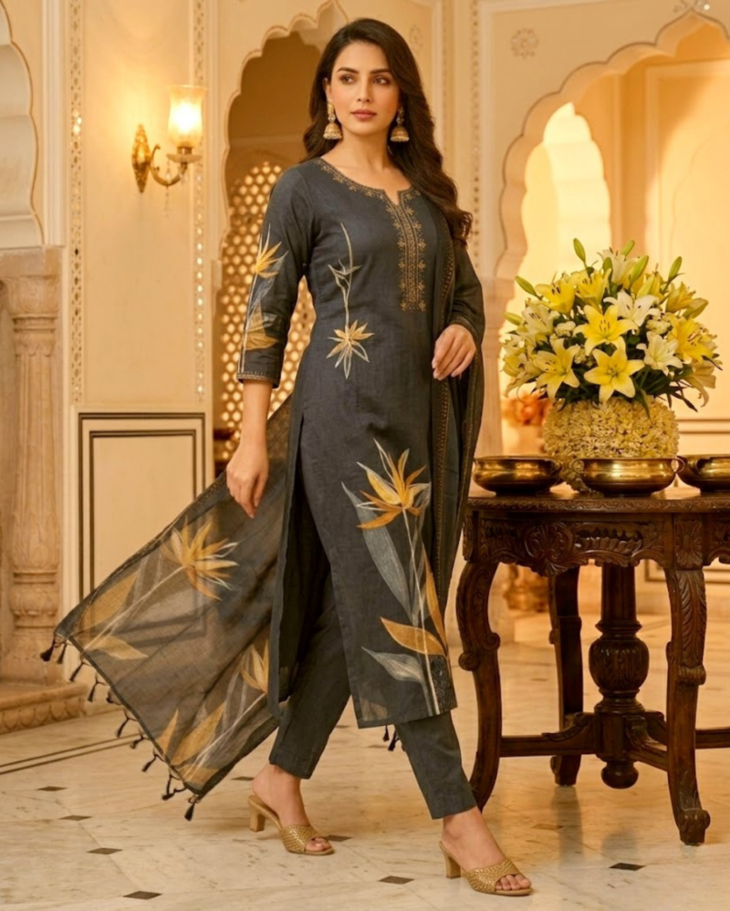 embroidered neckline soft grey rayon kurta set with dupatta