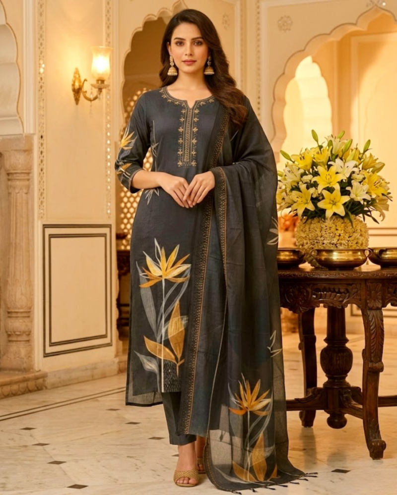 embroidered neckline soft grey rayon kurta set with dupatta