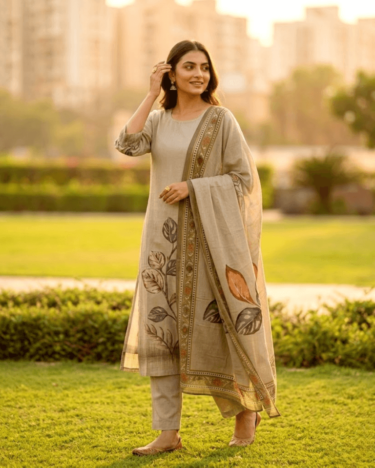 leaf motifs sage rayon kurta set with dupatta