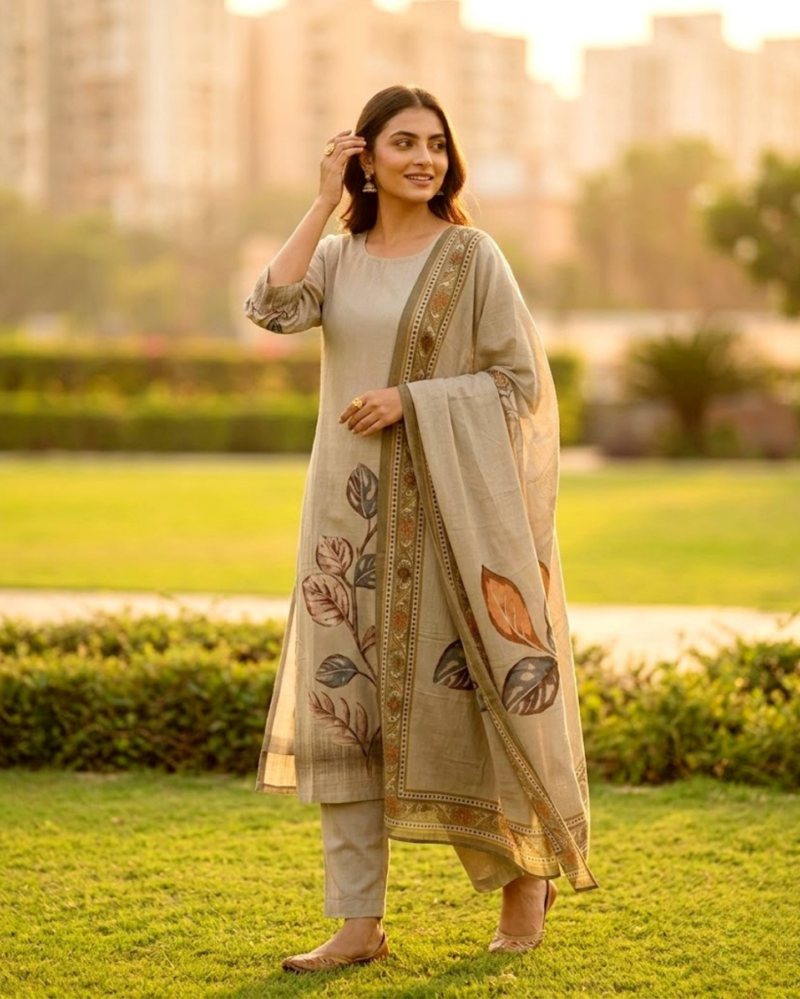 leaf motifs sage rayon kurta set with dupatta