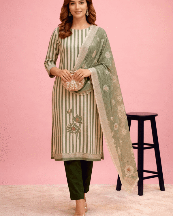 green striped floral printed rayon kurta set with dupatta