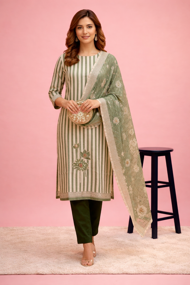 green striped floral printed rayon kurta set with dupatta