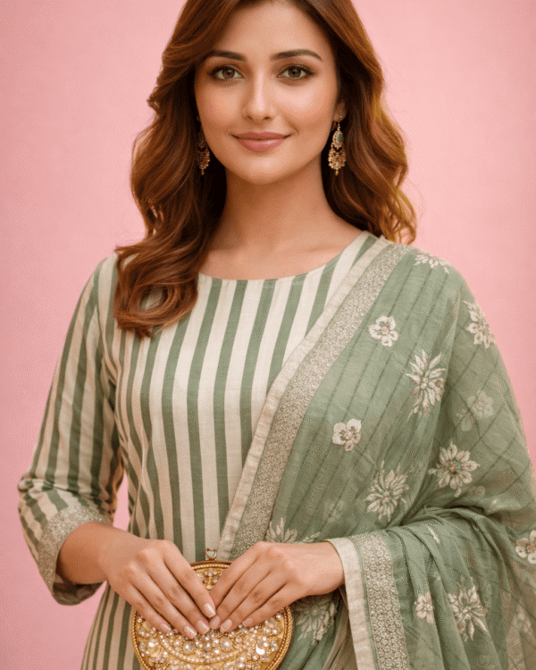 green striped floral printed rayon kurta set with dupatta