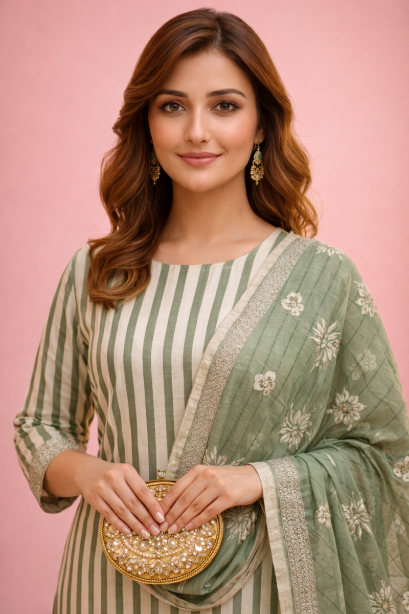 green striped floral printed rayon kurta set with dupatta